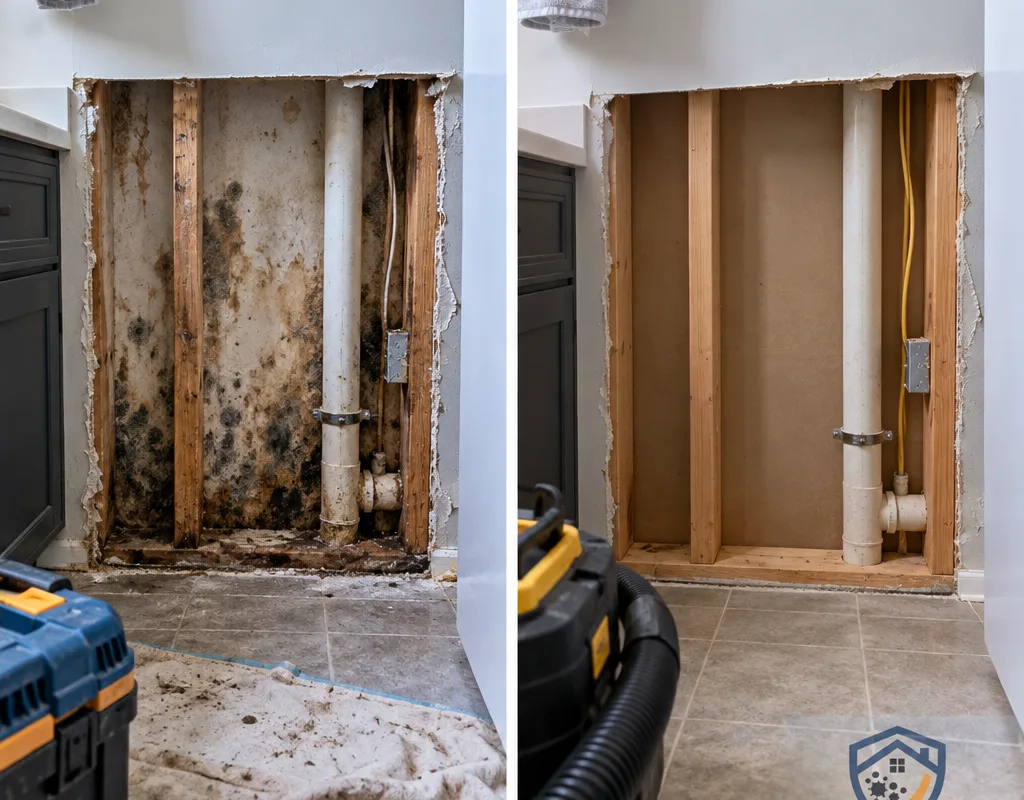 Before-and-after view of stained drywall removal and clean dry framing after remediation