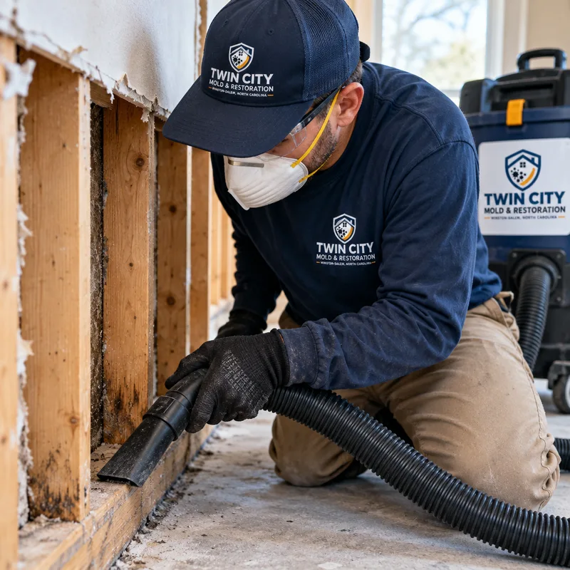 Technician HEPA vacuuming exposed studs and sill plate after drywall removal