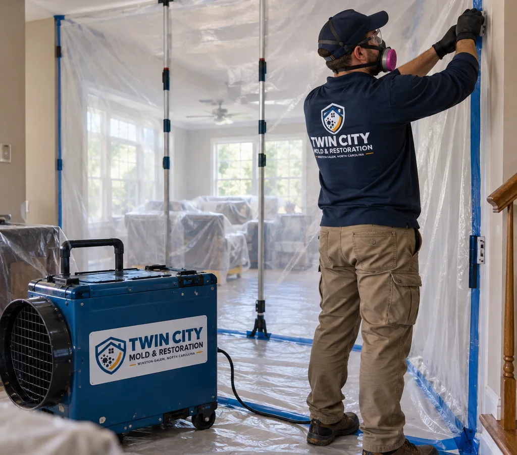 Technician in PPE setting up containment with plastic sheeting and a HEPA air scrubber inside a residential room