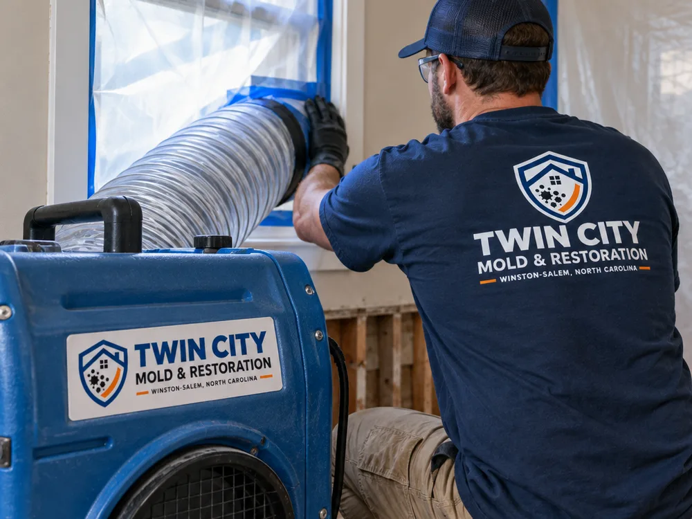 Negative air machine ducted to a window and sealed with plastic during mold remediation