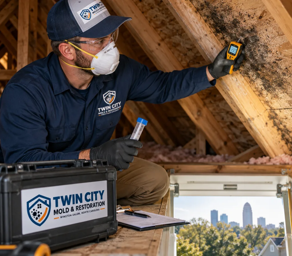 Inspector in PPE examining attic framing with sampling tools and a moisture meter in a Winston-Salem area home