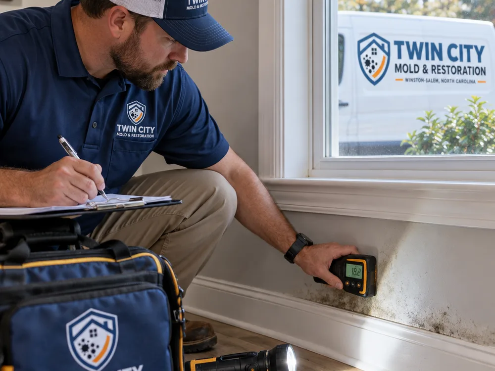 Inspector using a moisture meter on drywall near a window and HVAC vent while taking notes