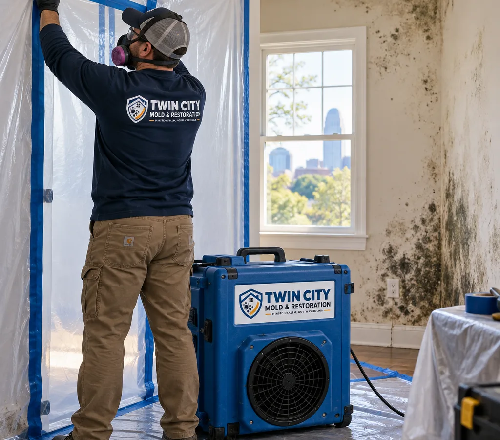 Technician setting up residential mold containment with plastic sheeting and a negative air machine