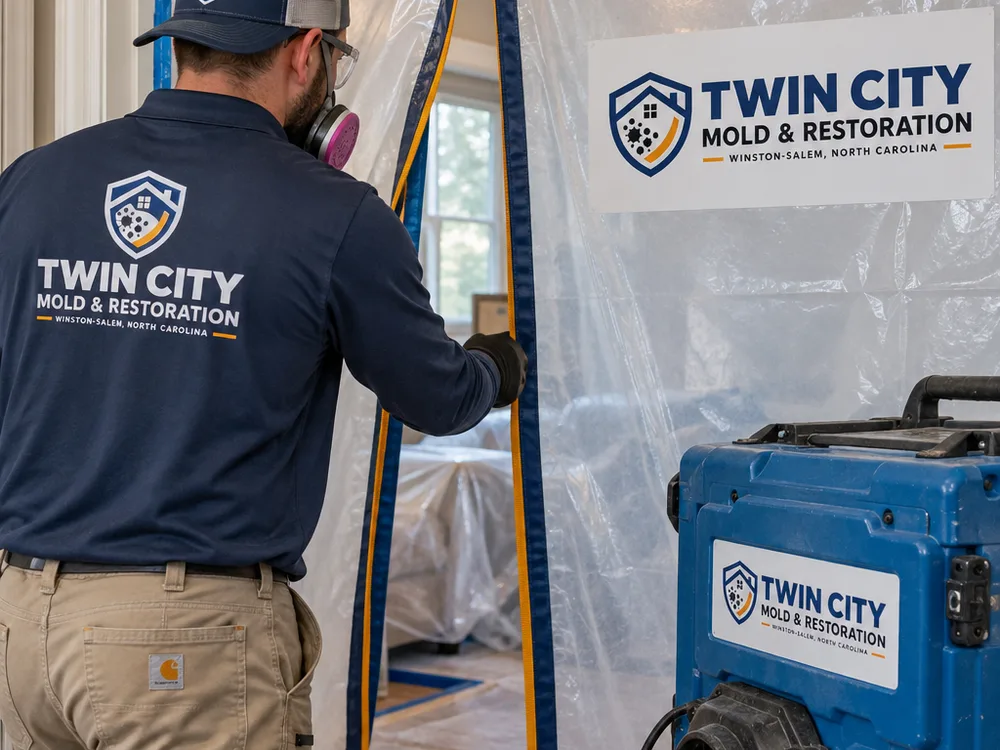 Containment doorway with zipper access and a HEPA air scrubber operating during mold removal